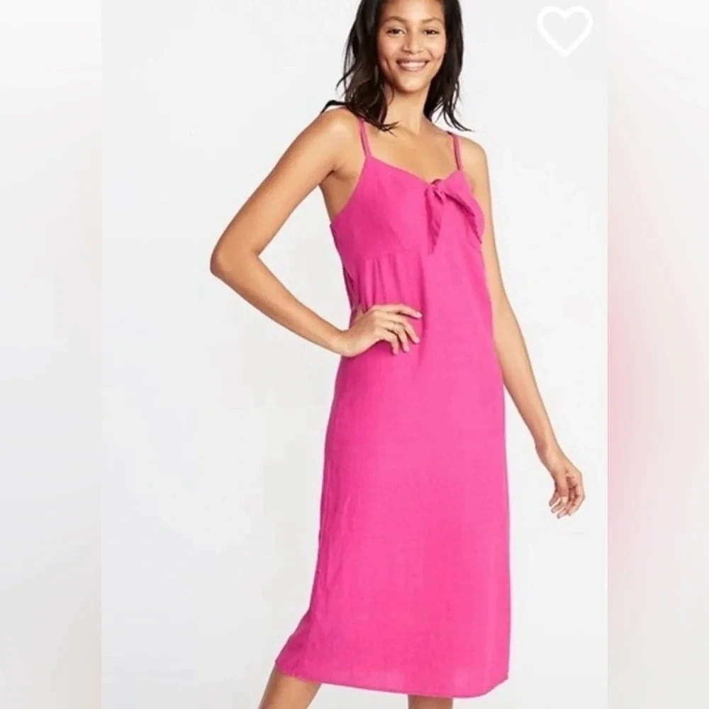 NWT Old Navy Hot Pink Tie front Linen Blend Sleeveless Midi Dress coastal Size M